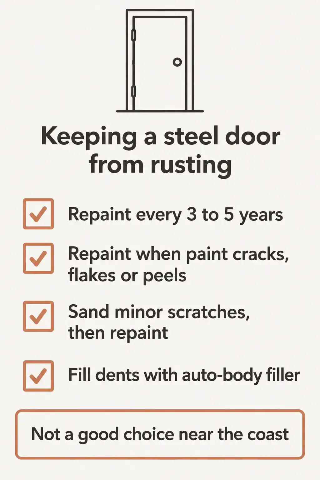 Steel door upkeep checklist: repaint every 3 to 5 years, fix chips early, fill dents, and avoid steel near the coast
