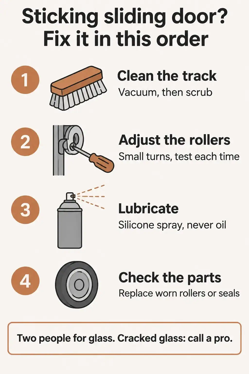 Steps to fix a sticking sliding door in order: clean the track, adjust the rollers, lubricate with silicone, then check rollers and weatherstripping