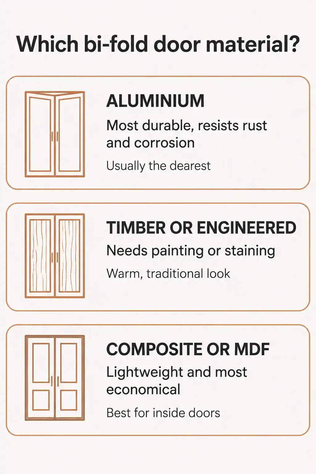 Comparison card of bifold door materials: aluminium is durable and usually dearest, timber needs painting or staining, composite is the most economical