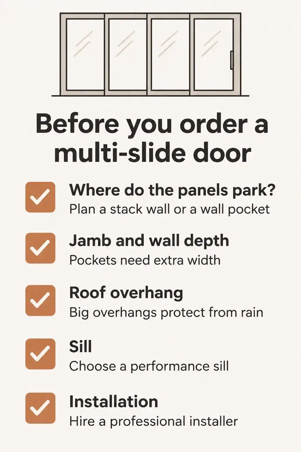 Planning checklist for a multi-slide patio door: stack or pocket space, wall and jamb depth, roof overhang and professional installation