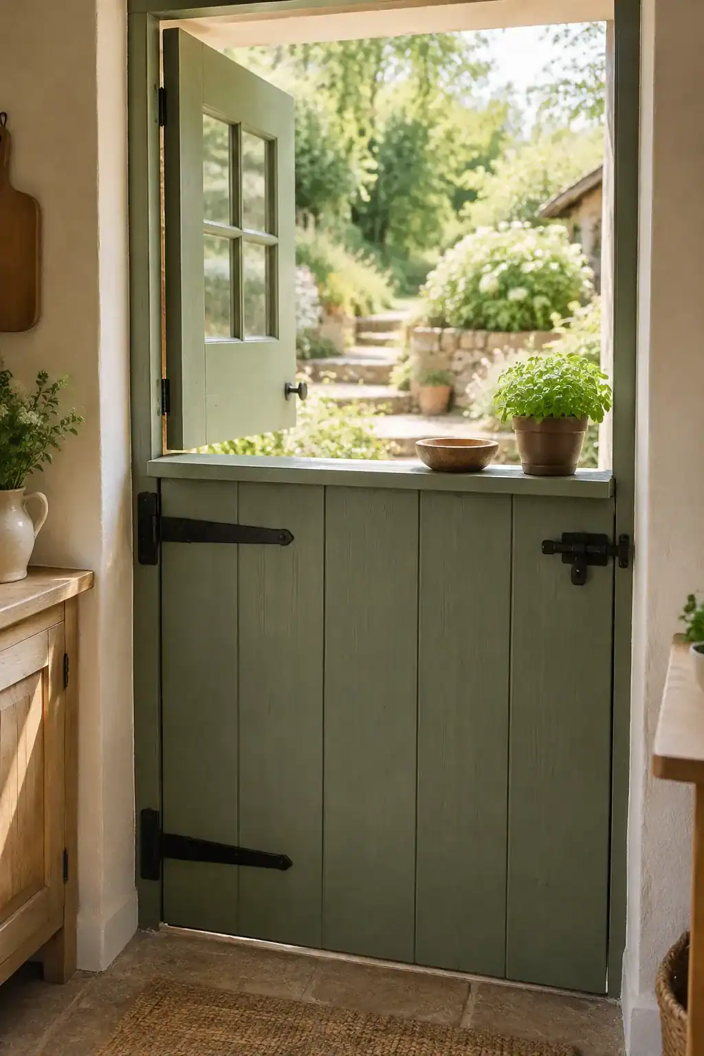 Sage green Dutch door with the top half open onto a garden path and the bottom half closed, with black iron strap hinges and a plant and bowl on the ledge