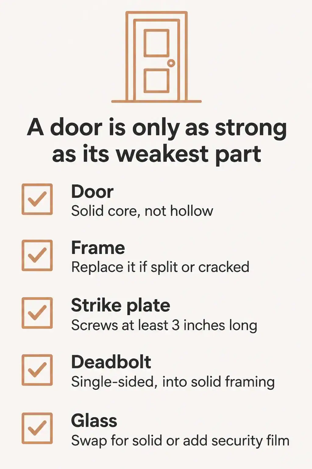 Checklist of front door weak points to fix: the door itself, the frame, the strike plate screws, the deadbolt and any glass