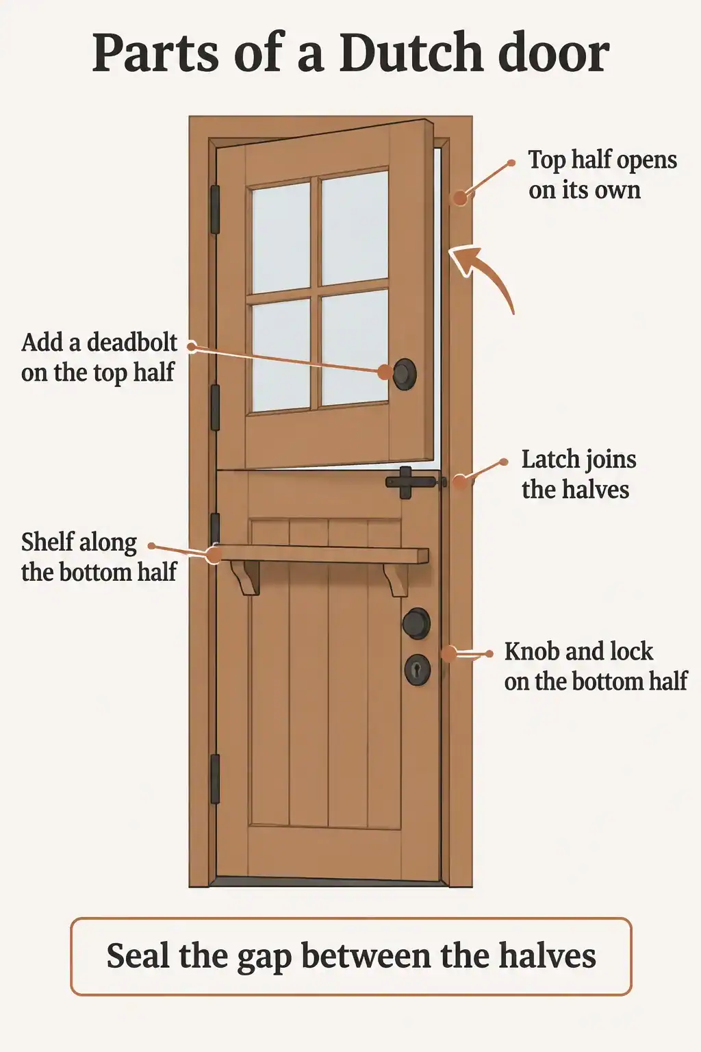 Labelled diagram of a Dutch door: top half opens alone, latch joins the halves, shelf on the bottom half, knob and lock below and a deadbolt above