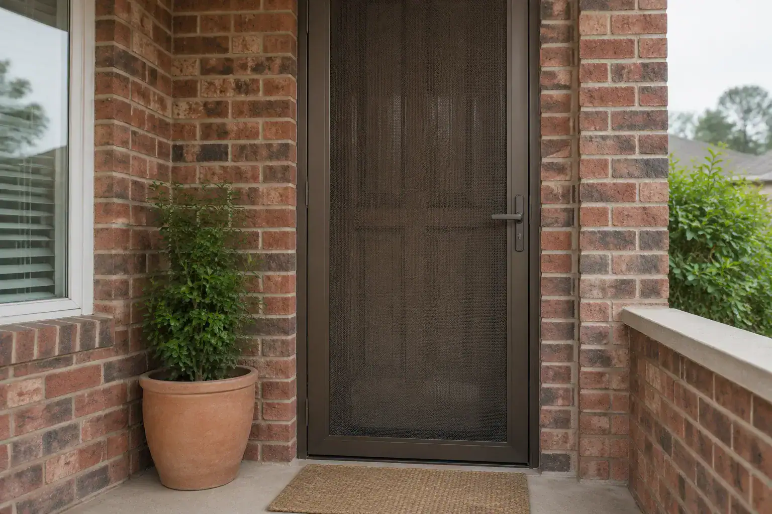 Dark bronze metal security screen door with a fine mesh panel, closed in front of a brick entry with a terracotta pot and a woven mat