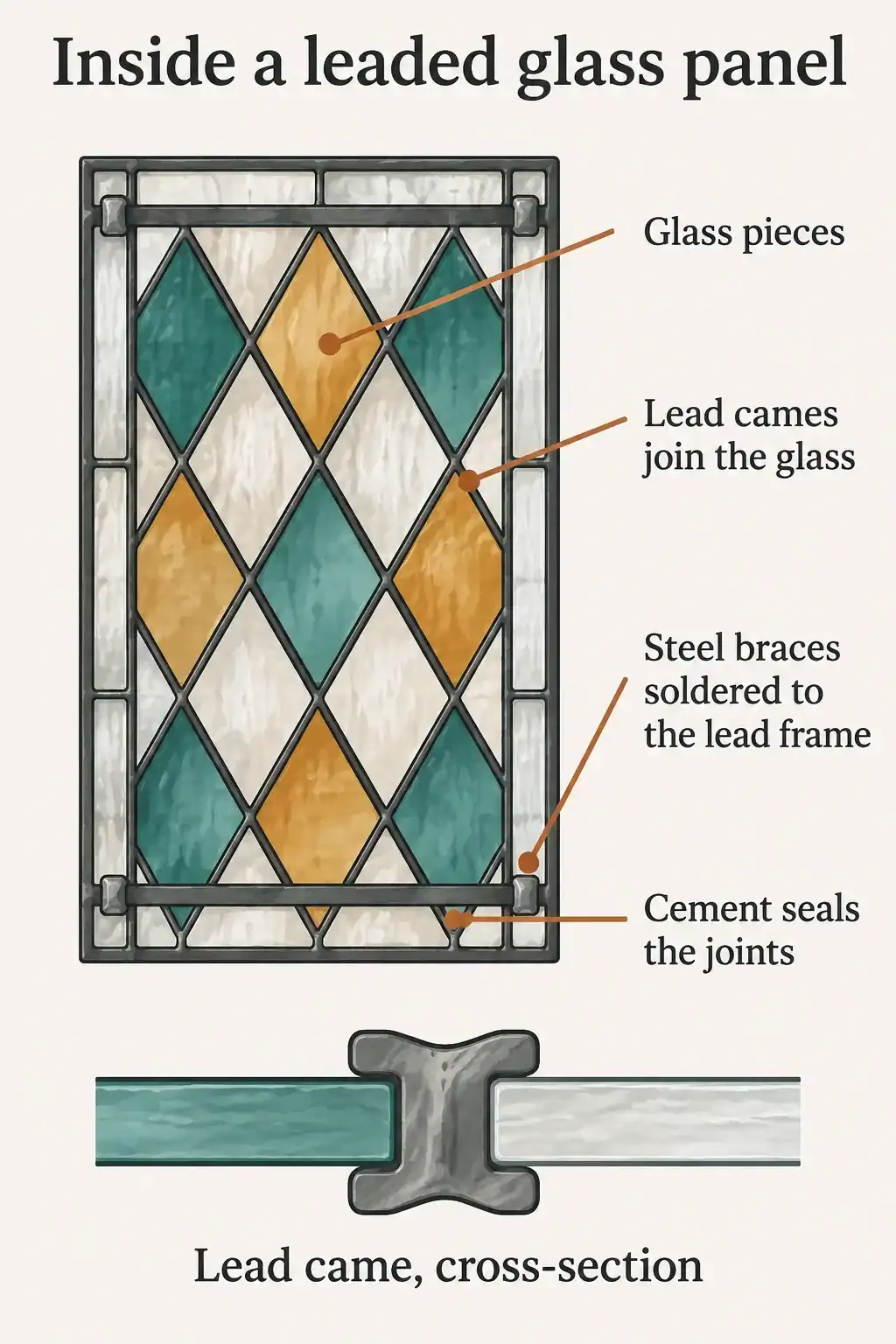 Labelled diagram of a leaded glass panel: glass pieces, lead cames that join them, steel braces soldered inside the lead frame, and a sealing cement