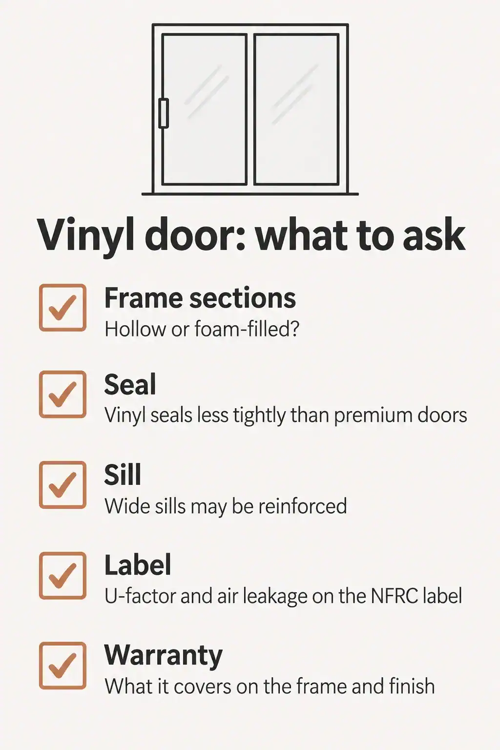 What to ask before buying a vinyl door: foam-filled frame sections, a tight seal, reinforced sills, the NFRC label and the finish warranty