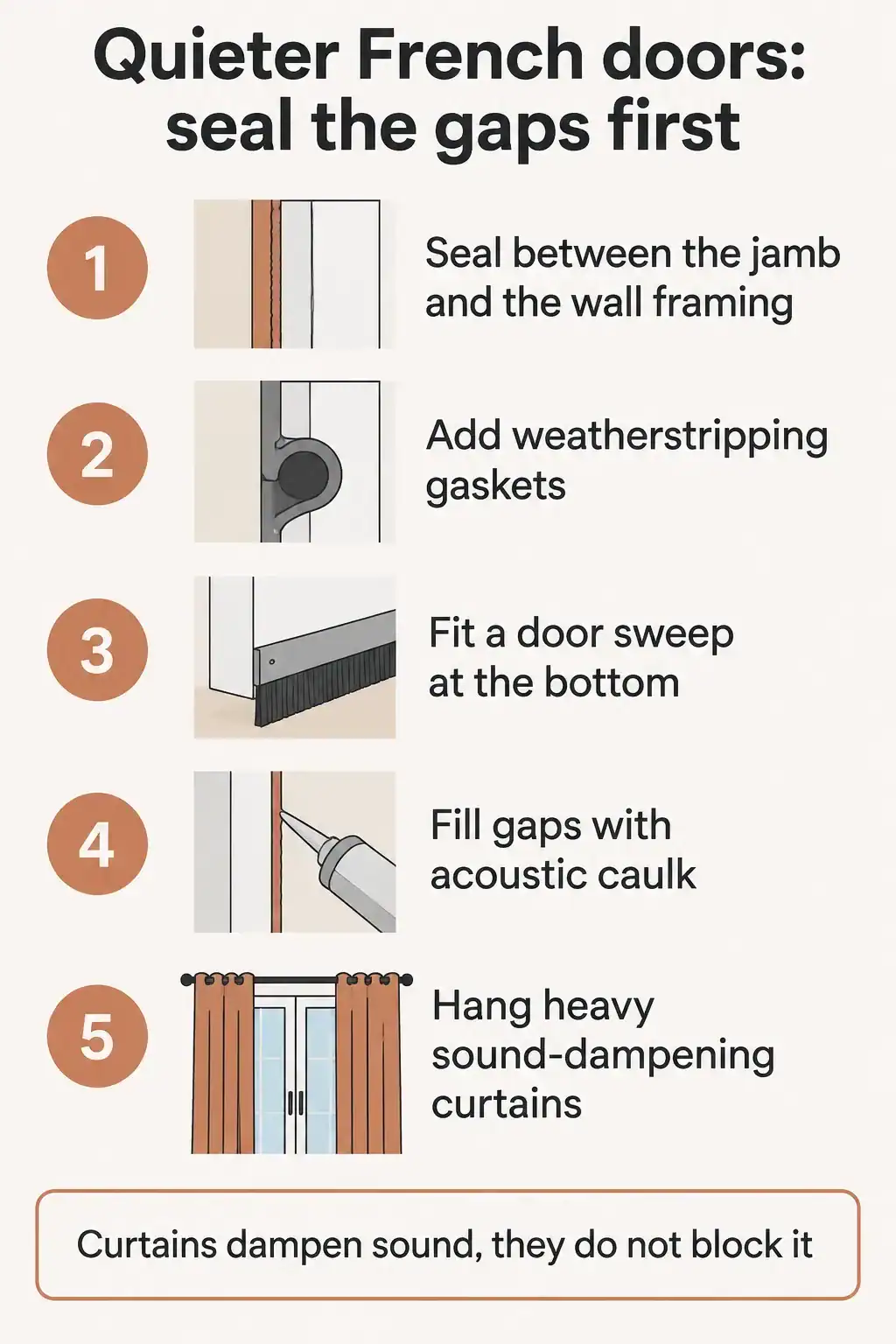 Five steps to quiet French doors: seal the jamb, add weatherstripping, fit a door sweep, use acoustic caulk and hang heavy curtains