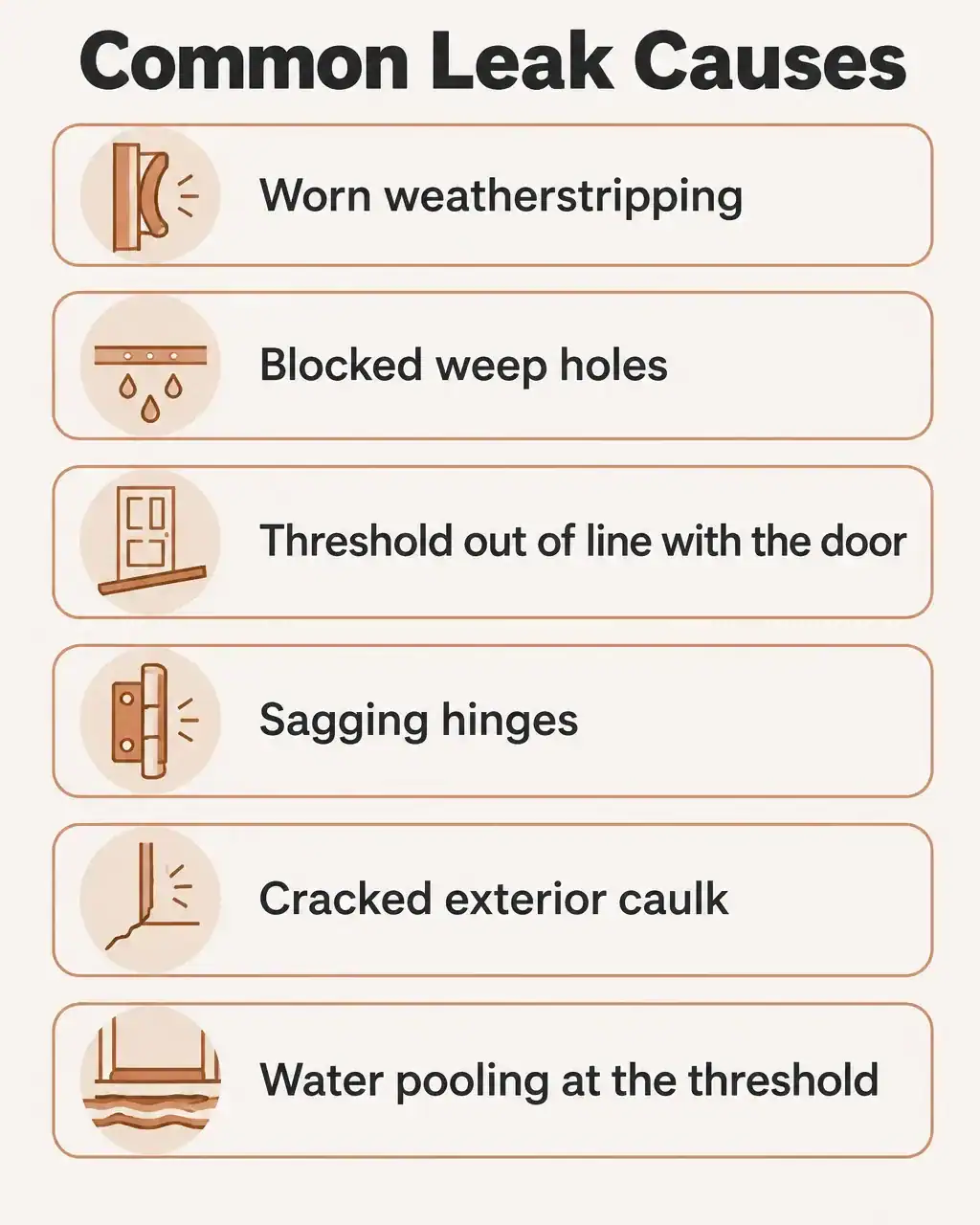 Common French door leak causes: worn weatherstripping, blocked weep holes, threshold out of line with the door, sagging hinges, cracked exterior caulk, water pooling at the threshold