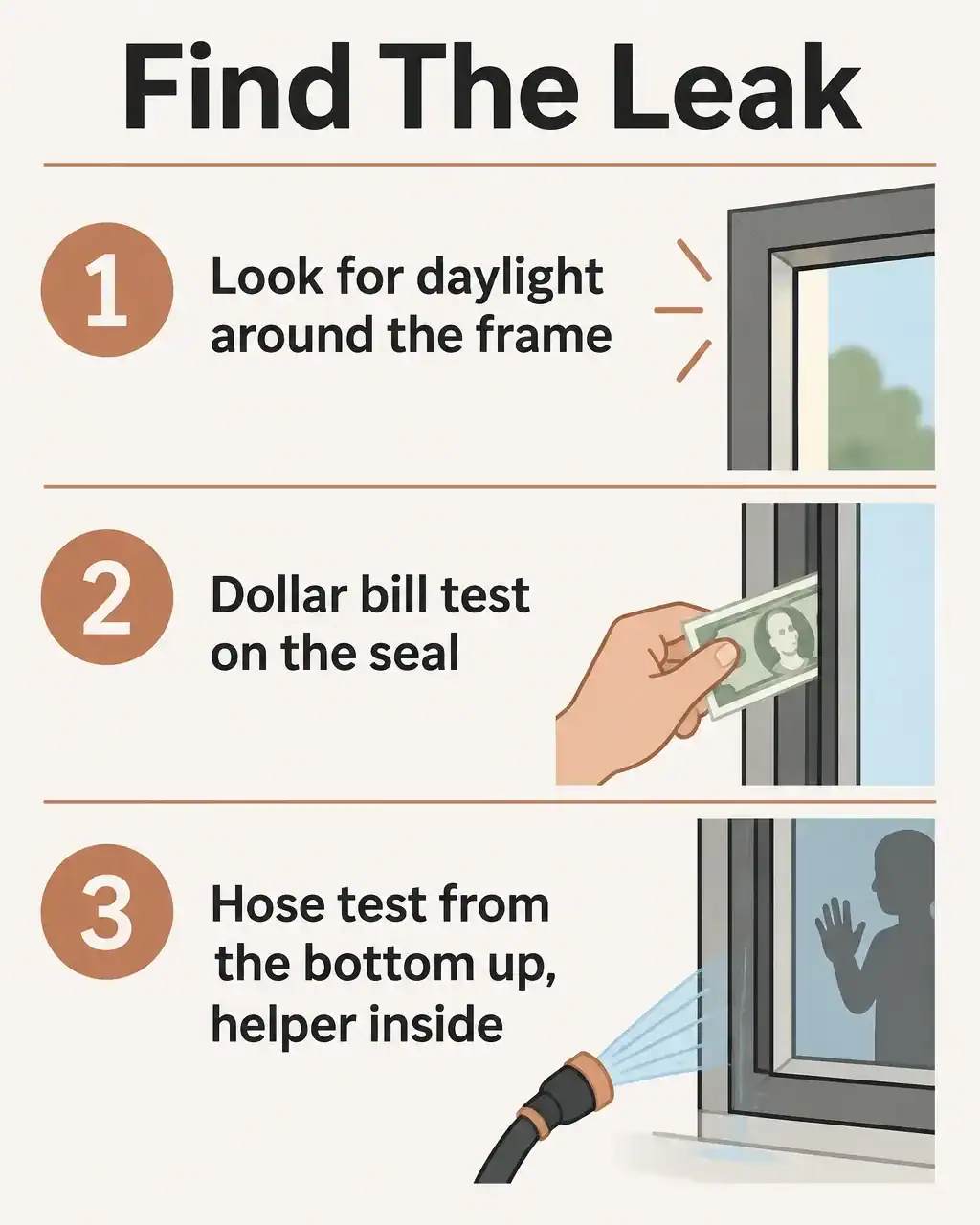 Find the leak in three steps: look for daylight around the frame, dollar bill test on the seal, hose test from the bottom up with a helper inside
