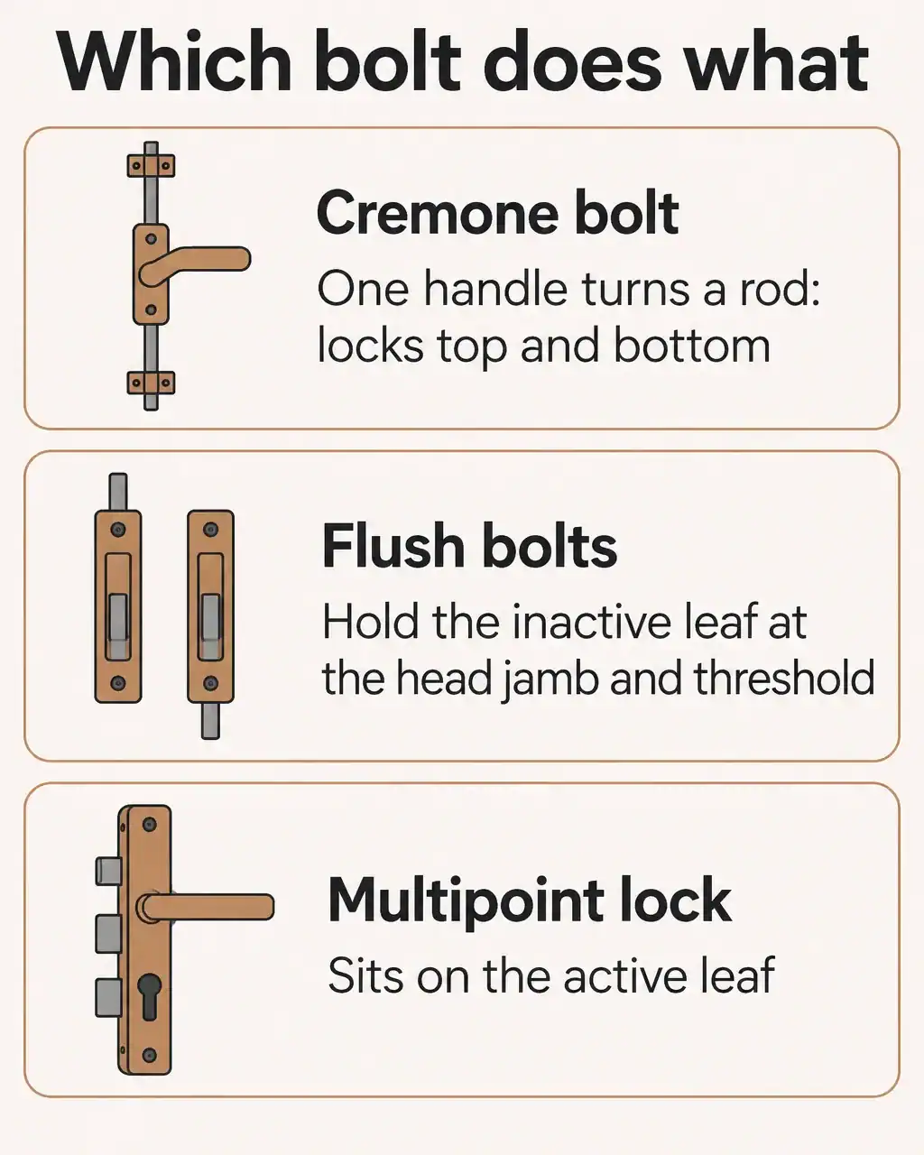 Chart of French door locking hardware: a cremone or espagnolette bolt uses one handle to turn a rod that locks top and bottom, flush bolts hold the inactive leaf at the head jamb and threshold, and a multipoint lock or deadbolt sits on the active leaf