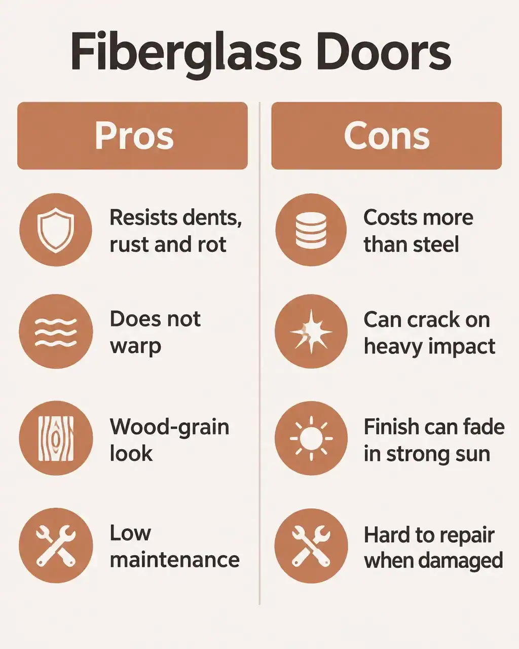 Fiberglass doors pros and cons: pros are resisting dents, rust and rot, no warping, wood-grain look and low maintenance; cons are costing more than steel, cracking on heavy impact, finish fading in strong sun and being hard to repair