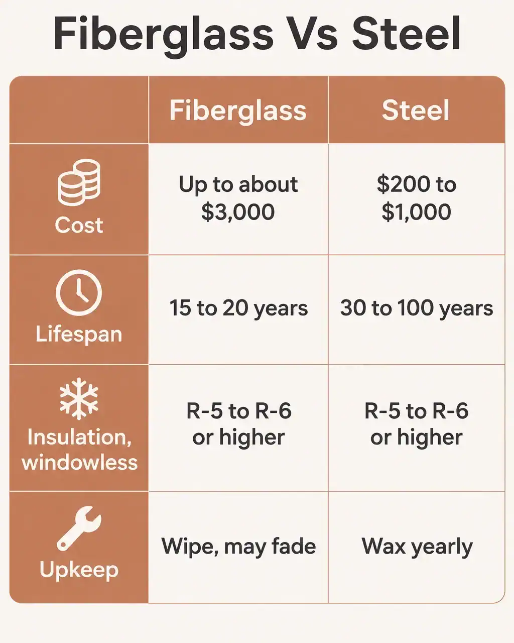 Fiberglass vs steel doors: cost up to about $3,000 against $200 to $1,000, lifespan 15 to 20 years against 30 to 100 years, insulation R-5 to R-6 or higher for both on windowless doors, upkeep wipe and may fade against wax yearly