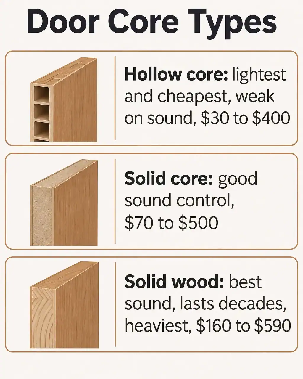 Door core types: hollow core is lightest and cheapest and weak on sound at $30 to $400, solid core has good sound control at $70 to $500, solid wood has the best sound, lasts decades and is heaviest at $160 to $590