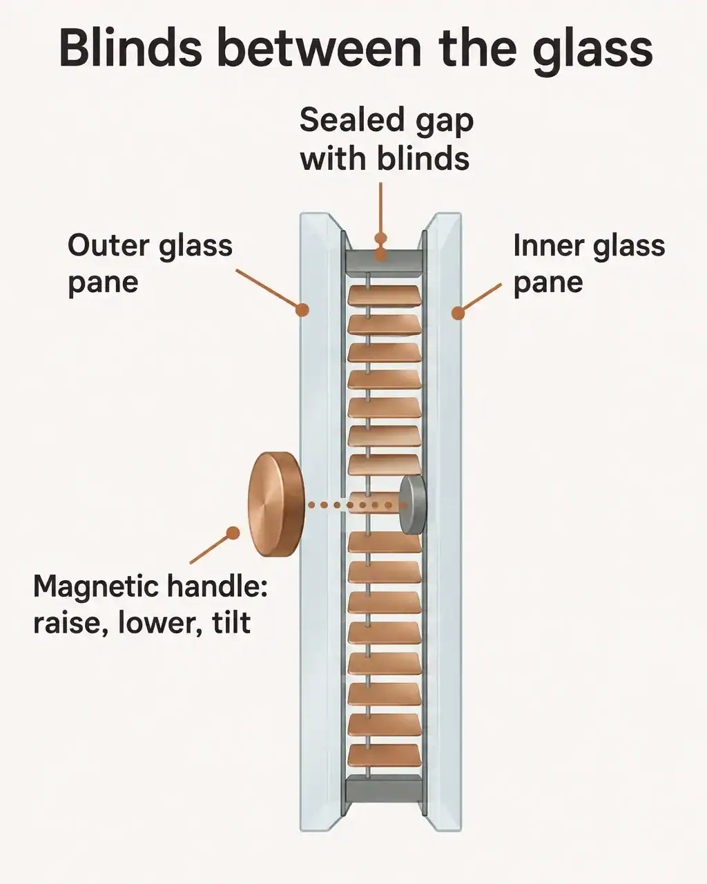 Cross-section diagram of a French door glass unit with blinds sealed between two panes and a magnetic handle on the outside that raises and tilts them