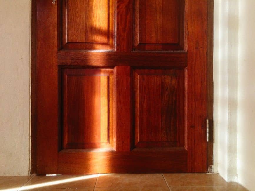 Solid wood paneled door in warm light