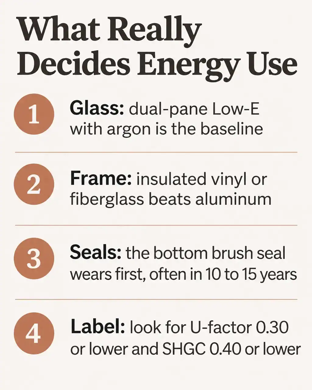 Four things that decide patio door energy efficiency: glass package, frame material, seals and the NFRC label ratings of U-factor 0.30 or lower and SHGC 0.40 or lower