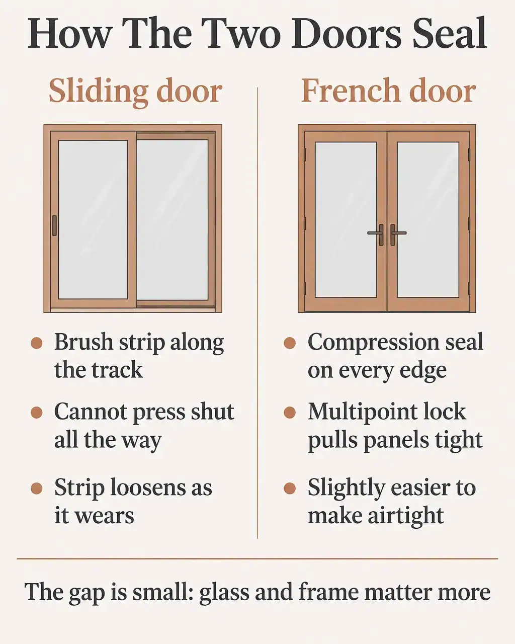 Comparison of how sliding and French doors seal: sliders use a brush strip along the track and cannot press shut all the way, French doors use a compression seal on every edge and a multipoint lock