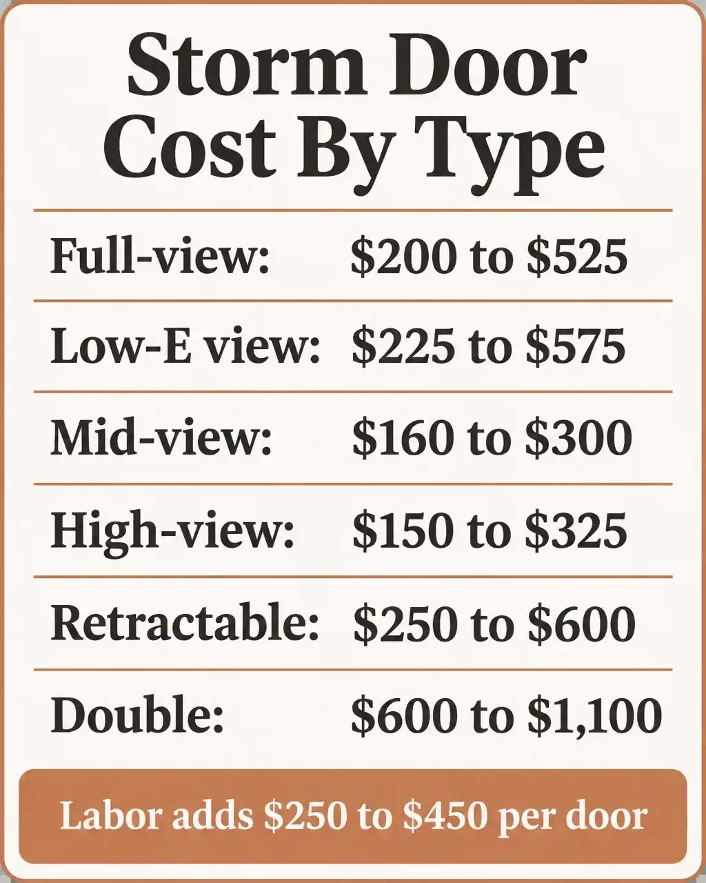 Storm door cost by type: full-view $200 to $525, low-E view $225 to $575, mid-view $160 to $300, high-view $150 to $325, retractable $250 to $600, double $600 to $1,100; labor adds $250 to $450 per door
