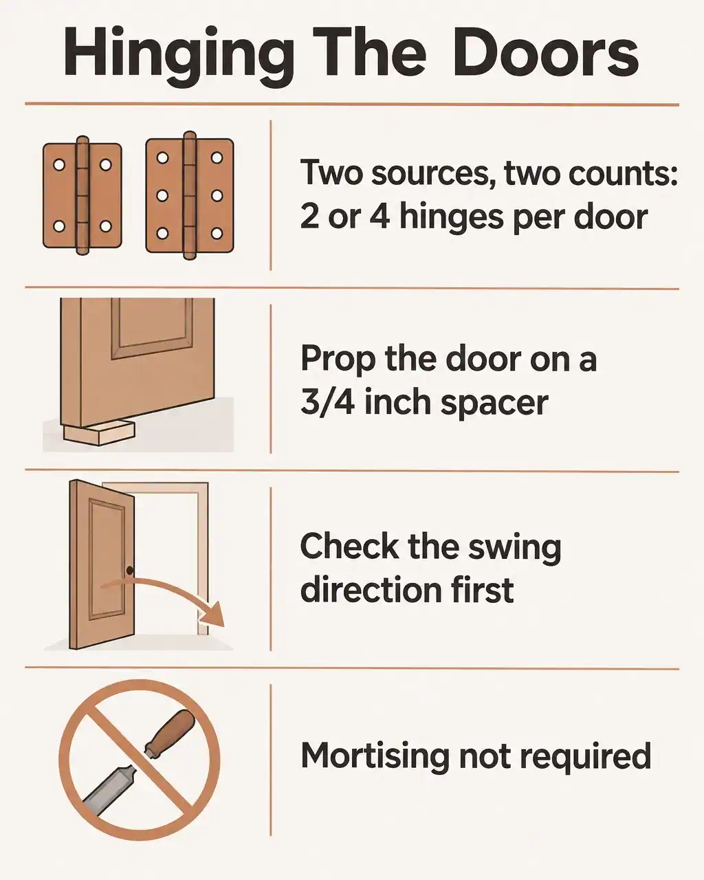 Hinging the doors: two sources, two counts of 2 or 4 hinges per door; prop the door on a 3/4 inch spacer; check the swing direction first; mortising not required