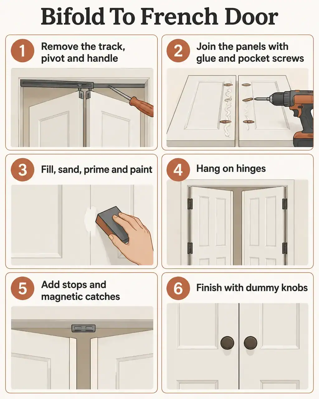 Bifold to French door in six steps: remove the track, pivot and handle; join the panels with glue and pocket screws; fill, sand, prime and paint; hang on hinges; add stops and magnetic catches; finish with dummy knobs