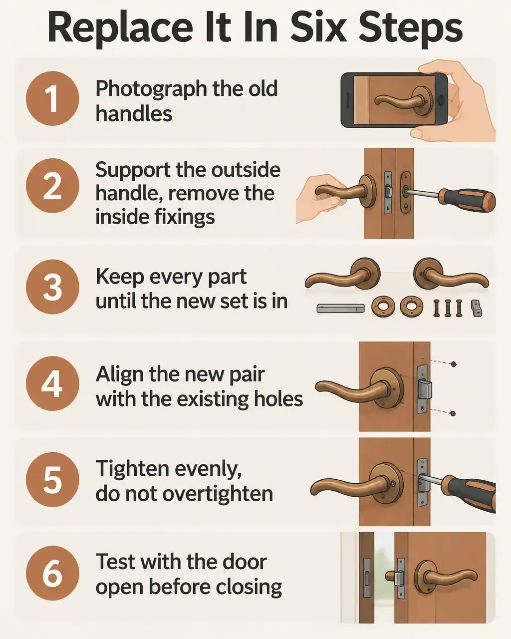 Replace a French door handle in six steps: photograph the old handles, support the outside handle and remove the inside fixings, keep every part until the new set is in, align the new pair with the existing holes, tighten evenly, test with the door open before closing