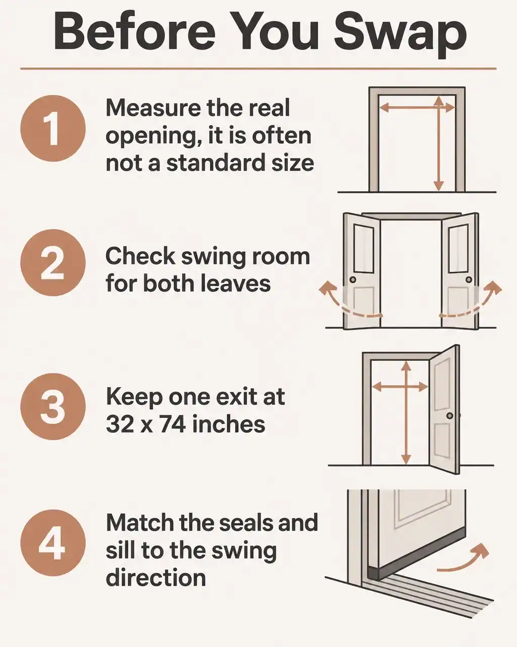 Before you swap a manufactured home door: measure the real opening, check swing room for both leaves, keep one exit at 32 by 74 inches, match seals and sill to the swing direction