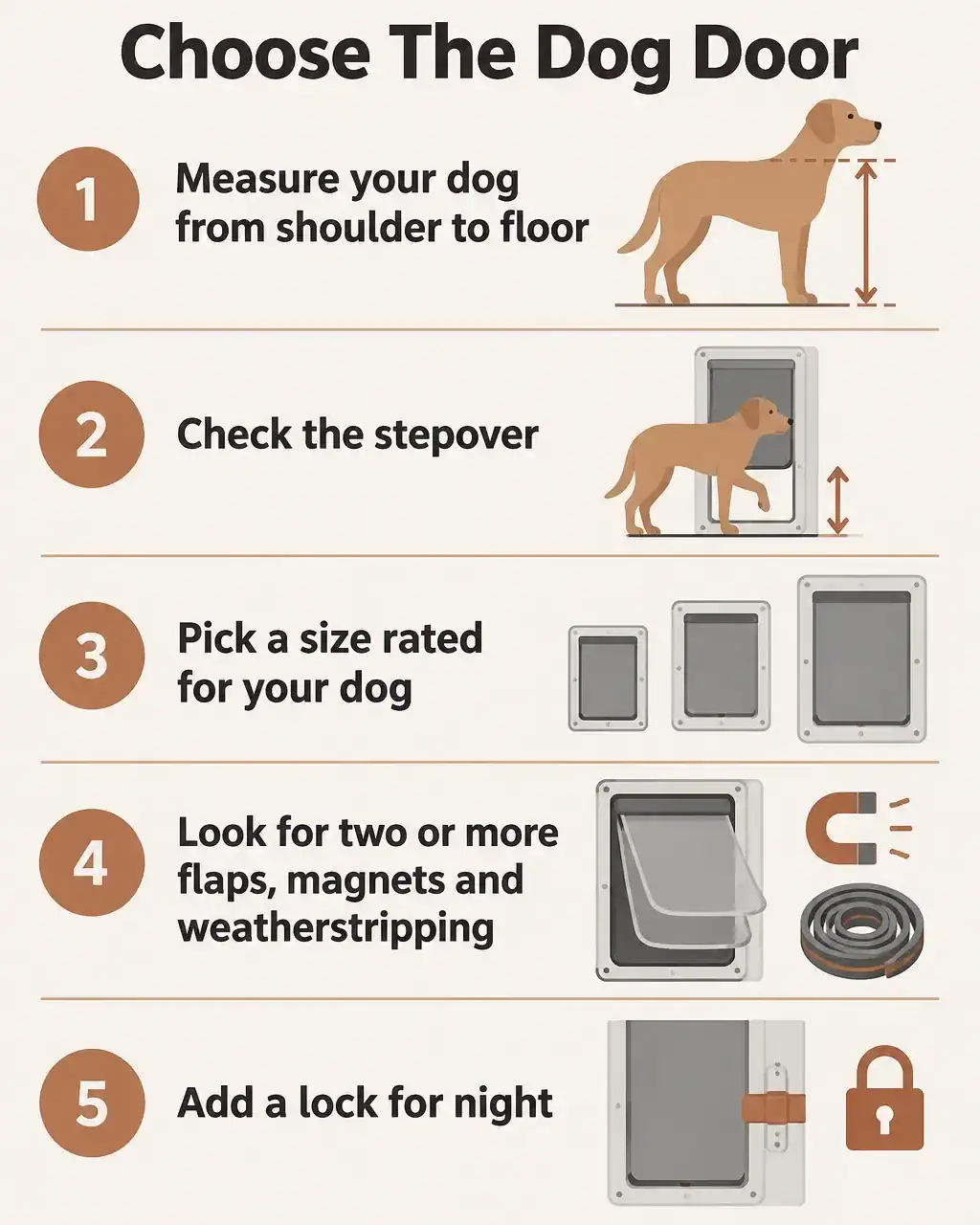 Choose a dog door: measure shoulder to floor, check the stepover, pick a rated size, look for two or more flaps, magnets and weatherstripping, add a lock for night