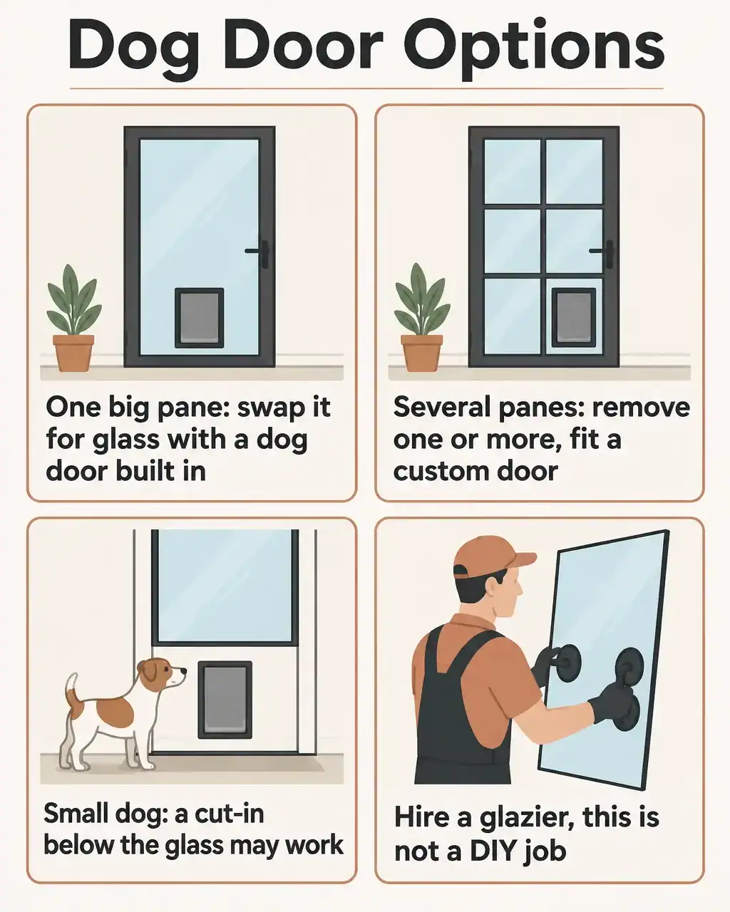 Dog door options for a French door: one big pane swapped for glass with a dog door built in, several panes with one or more removed for a custom door, a cut-in below the glass for a small dog, hire a glazier