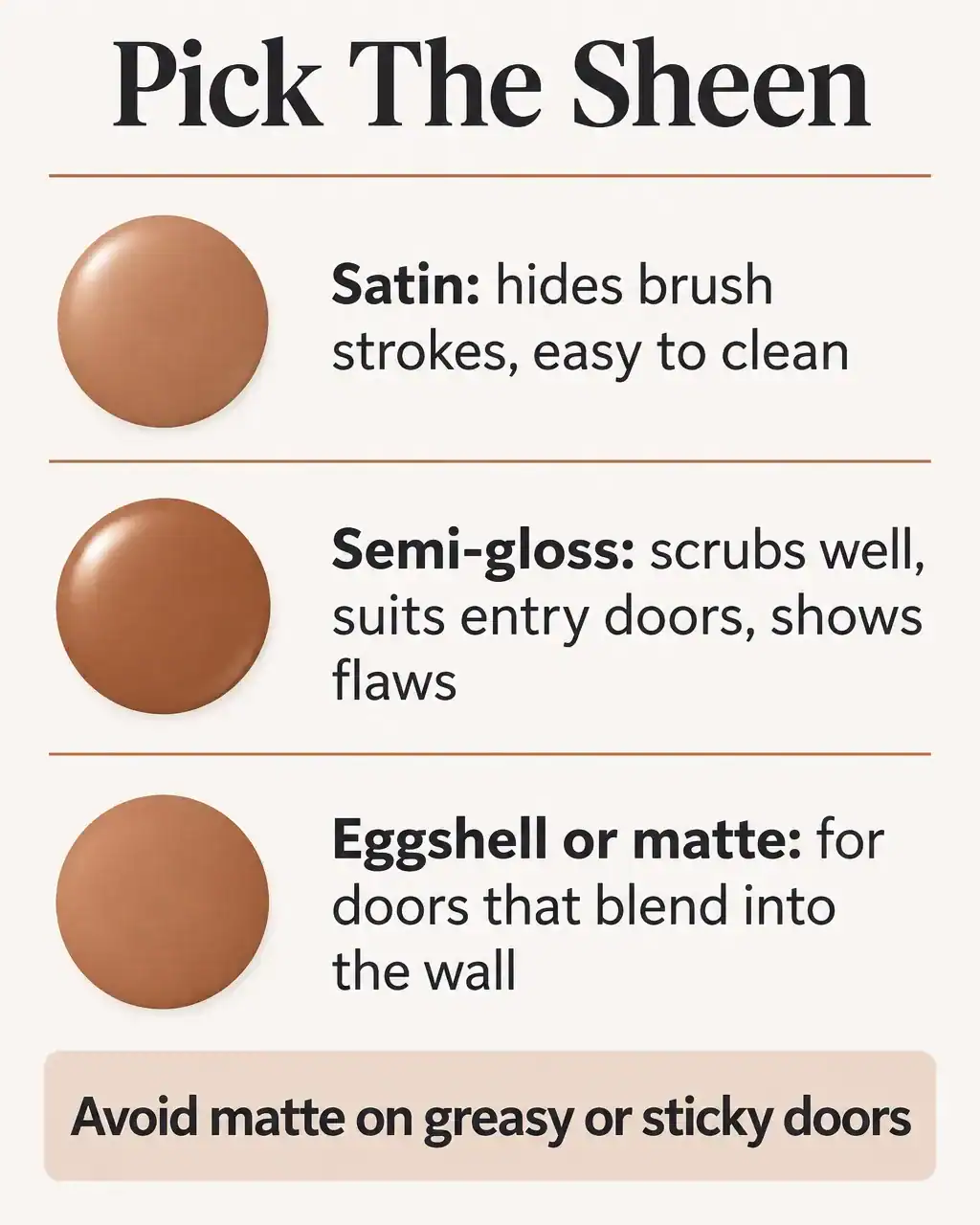 Pick the sheen: satin hides brush strokes and is easy to clean; semi-gloss scrubs well, suits entry doors and shows flaws; eggshell or matte suits doors that blend into the wall; avoid matte on greasy or sticky doors