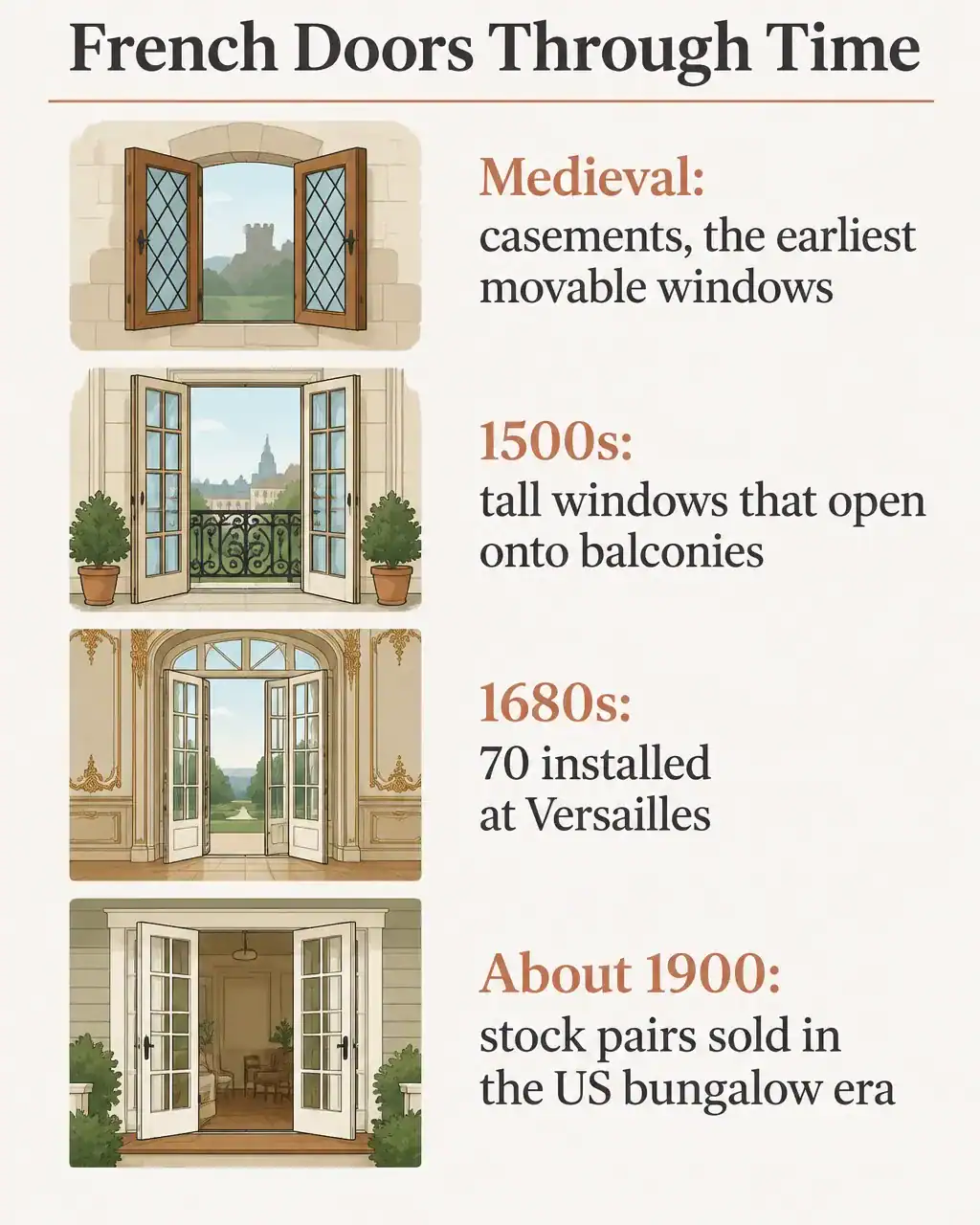 French doors through time: medieval casements, tall windows opening onto balconies in the 1500s, 70 installed at Versailles in the 1680s, stock pairs sold in the US around 1900