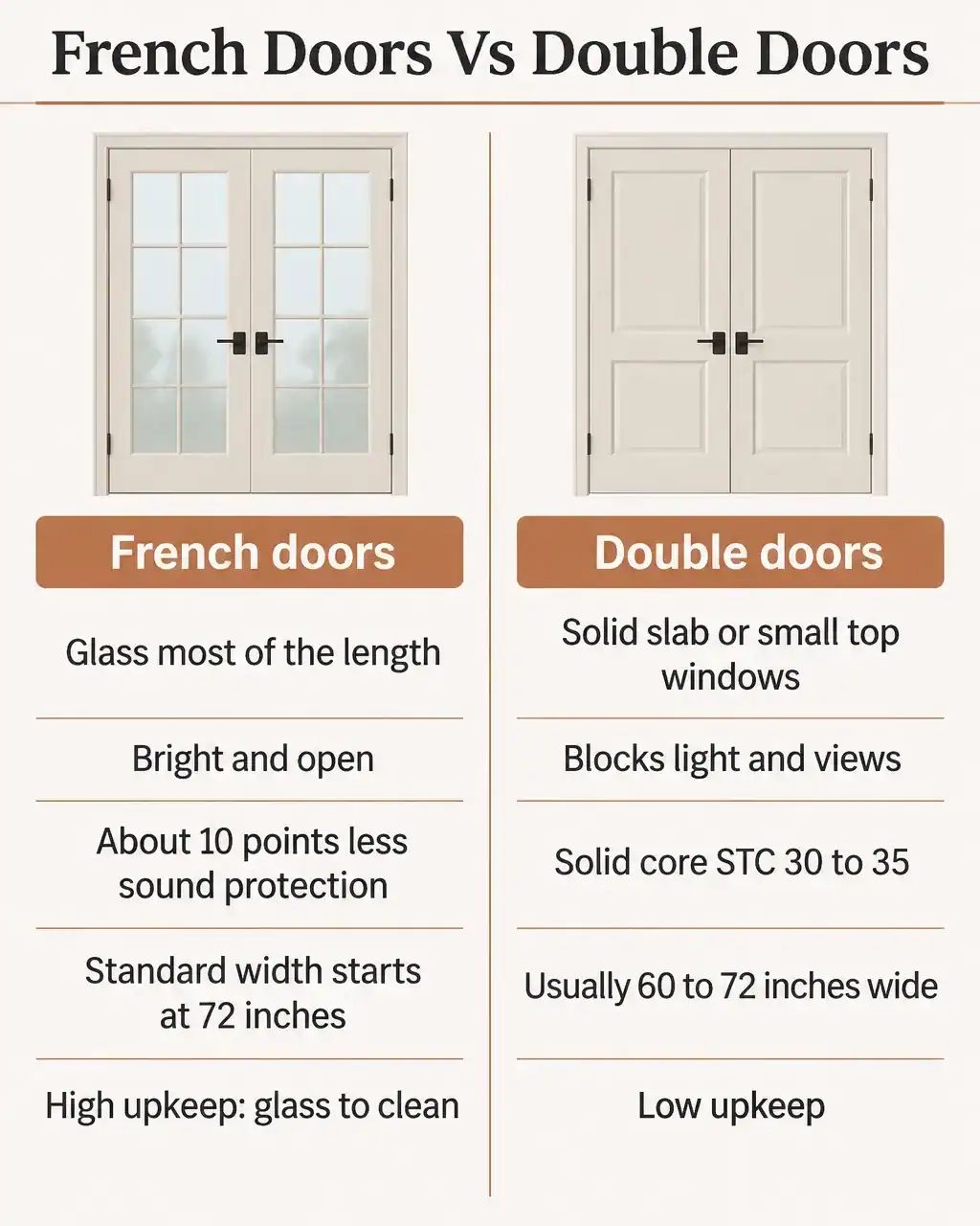 French doors versus double doors compared: glass, light, sound, size and upkeep