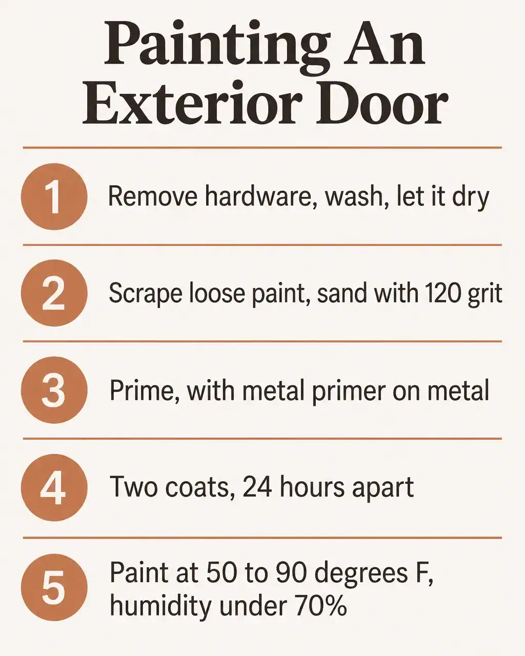 Painting an exterior door in five steps: remove hardware and wash, scrape and sand with 120 grit, prime, two coats 24 hours apart, paint at 50 to 90 degrees F and humidity under 70%