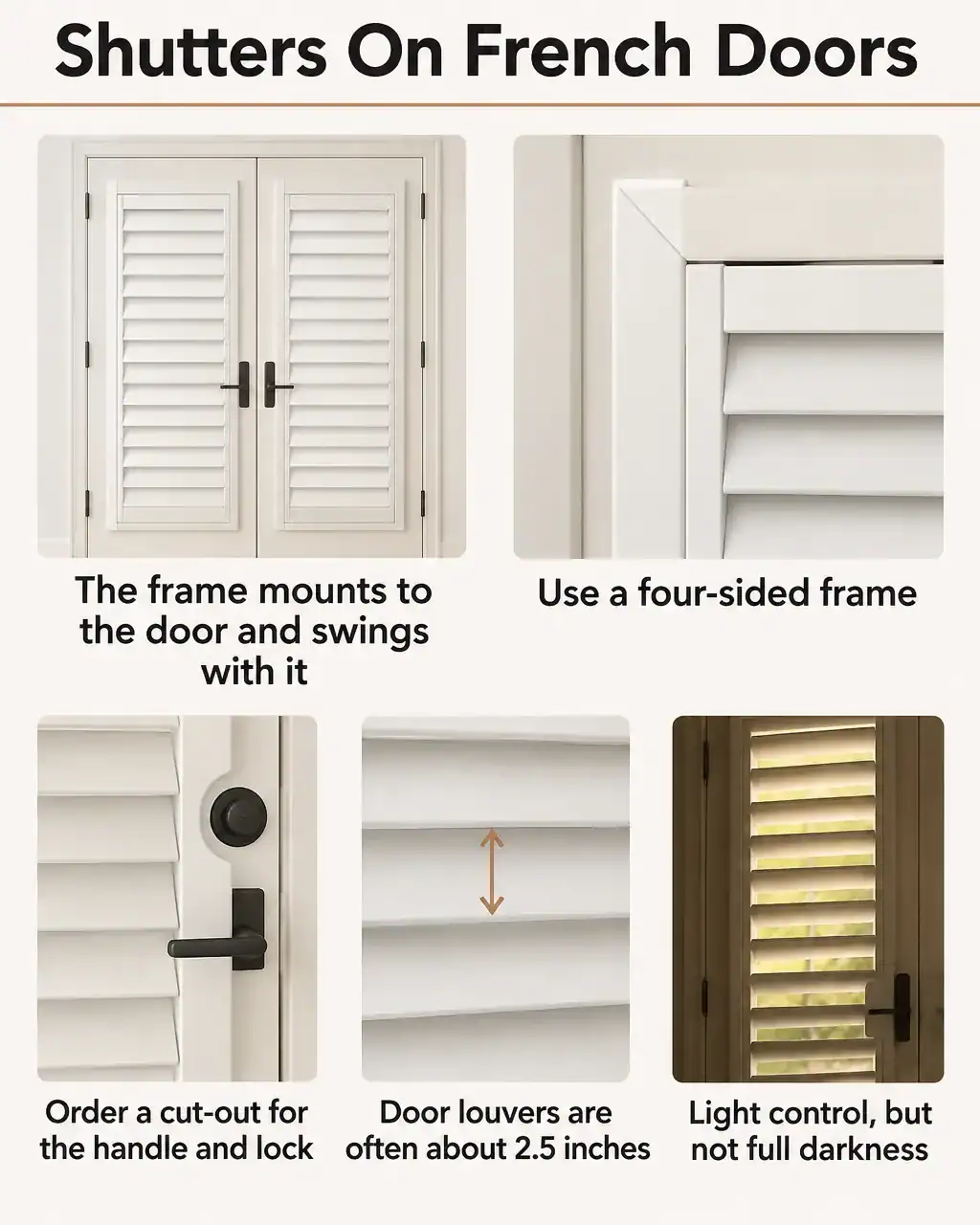 Shutters on French doors: the frame mounts to the door and swings with it, use a four-sided frame, order a cut-out for the handle and lock, door louvers are often about 2.5 inches, light control but not full darkness
