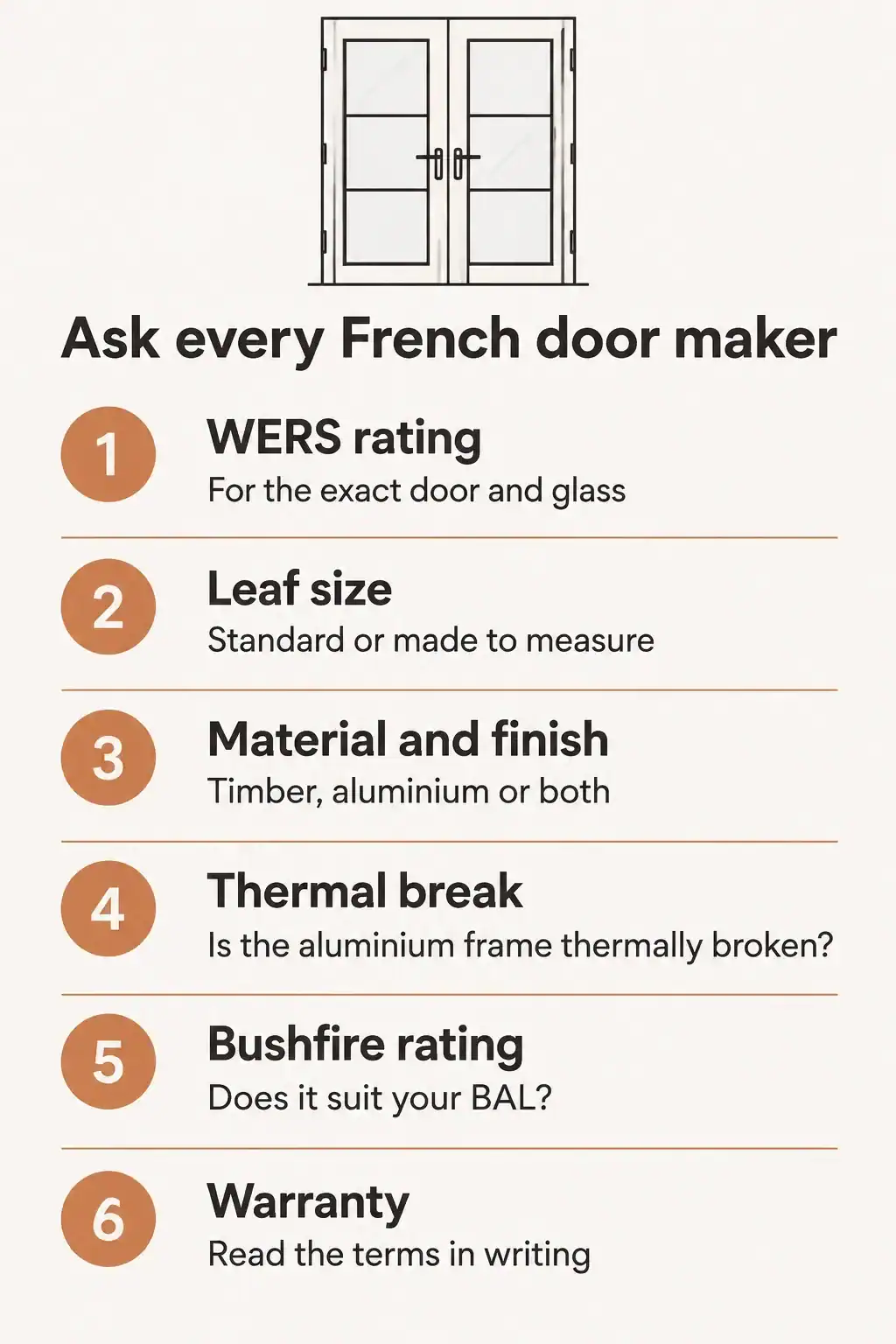 Six questions to ask a French door manufacturer in Australia: WERS rating, door leaf size, material and finish, thermal break, bushfire rating and warranty