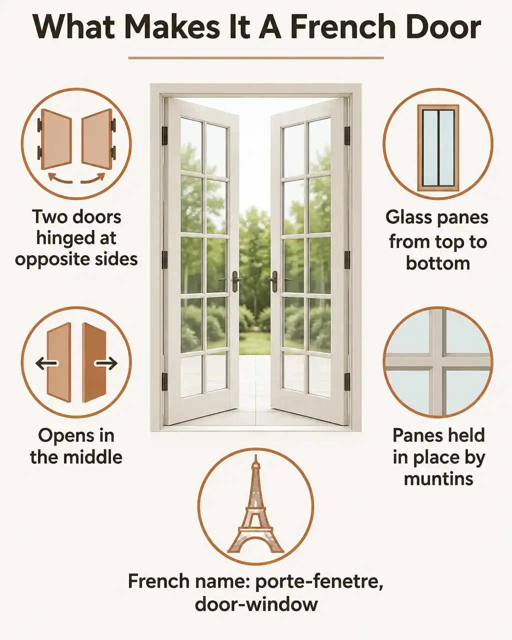 What makes a French door: two doors hinged at opposite sides, glass panes from top to bottom, panes held by muntins, opens in the middle, French name porte-fenetre