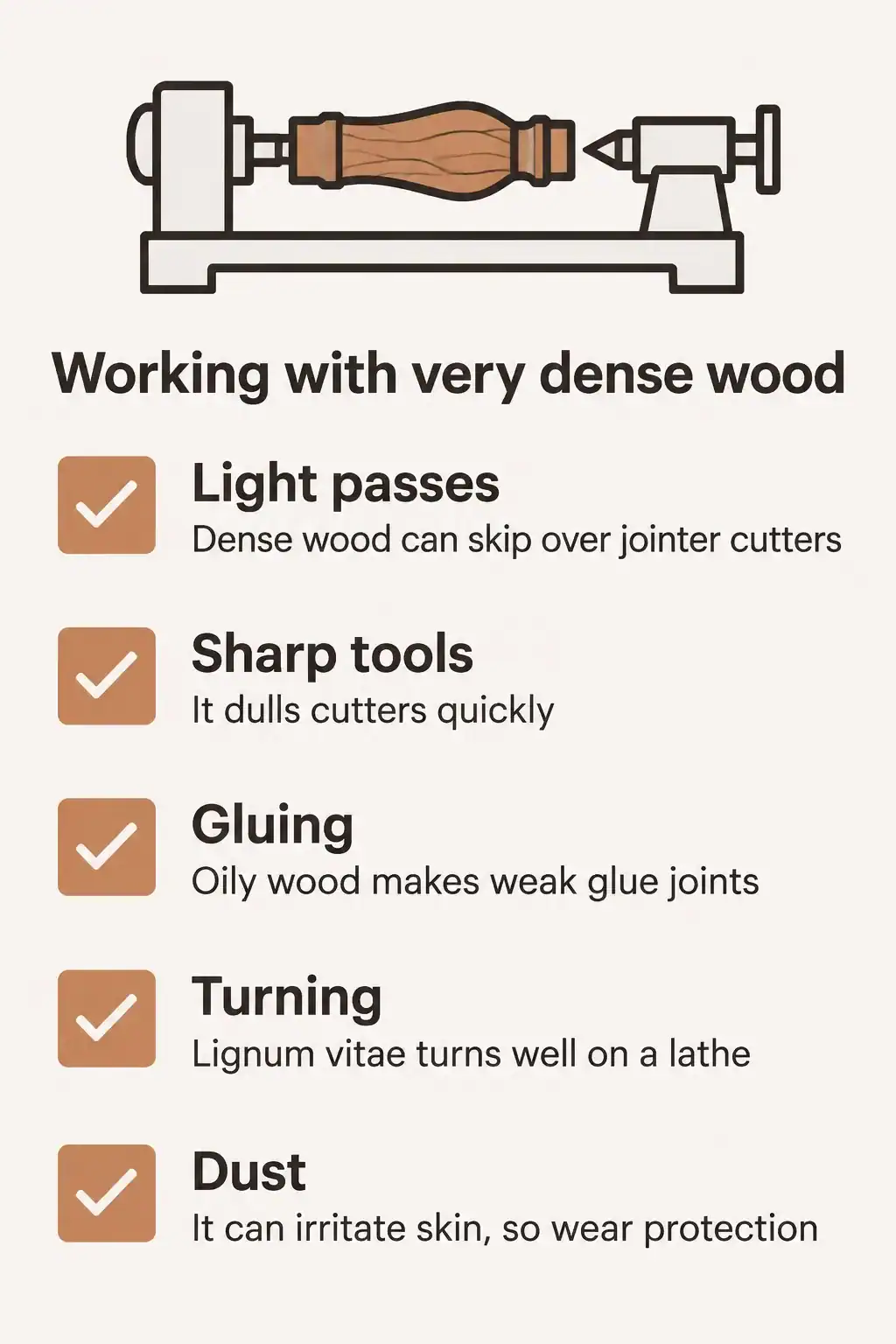 Working with very dense wood: take light passes, expect dull cutters, glue oily wood with care, turn it on a lathe and wear a dust mask