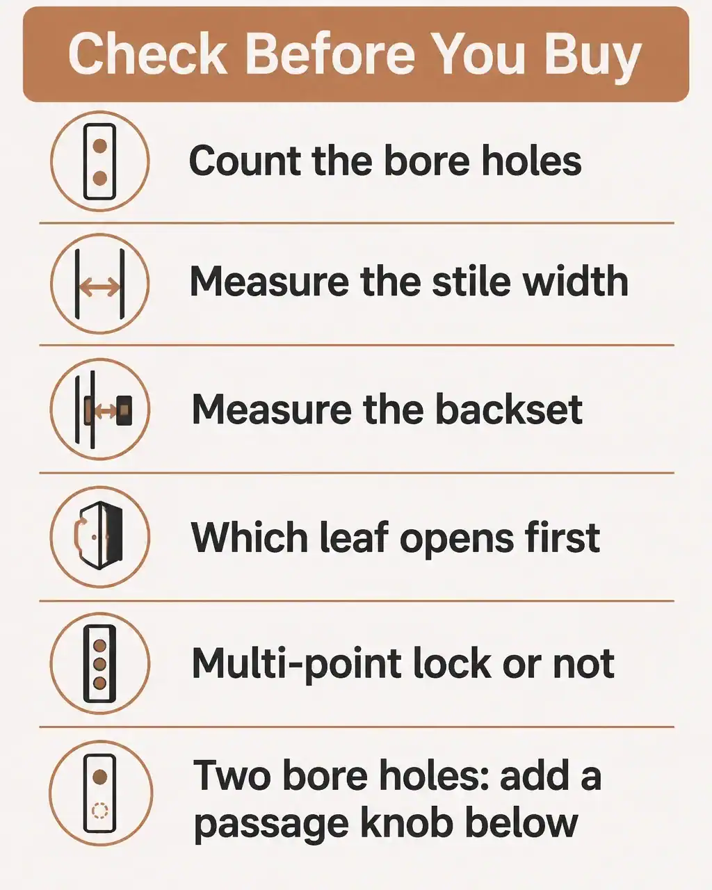 Check before you buy a smart lock for French doors: count the bore holes, measure the stile width, measure the backset, which leaf opens first, multi-point lock or not, two bore holes means add a passage knob below