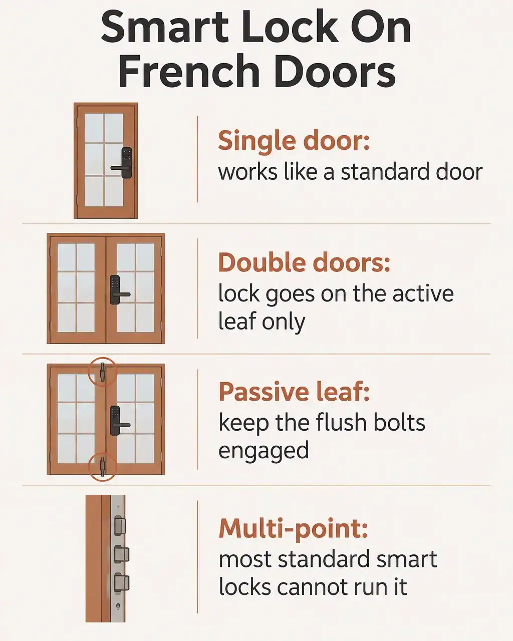 Smart lock on French doors: single door works like a standard door, double doors take the lock on the active leaf only, keep the passive leaf flush bolts engaged, multi-point locks cannot be run by most standard smart locks