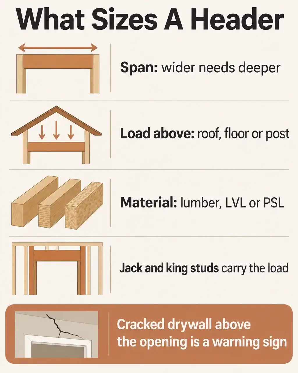 What sizes a header: span, load above, material of lumber, LVL or PSL, jack and king studs carry the load; cracked drywall above the opening is a warning sign