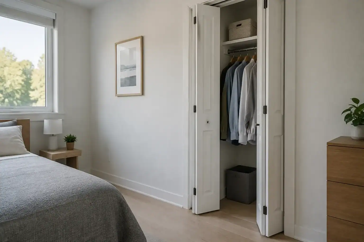 White bifold closet doors folded half open in a small bedroom, showing neatly hung clothes inside