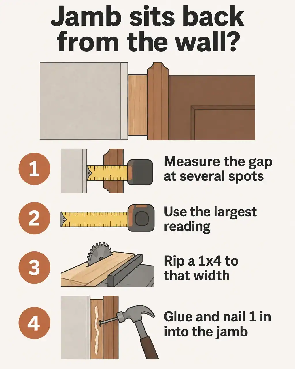 Diagram of a door jamb extension: measure the gap to the drywall at several spots, rip a 1-by-4 to the largest gap, cut three pieces, glue and nail at least 1 inch into the jamb