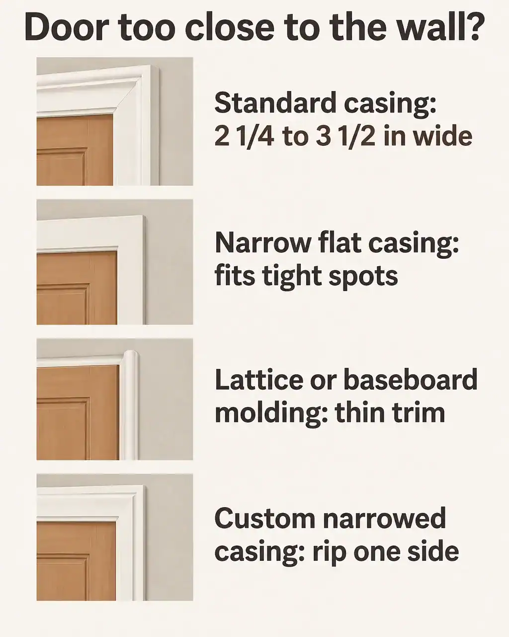 Chart of trim options for a door close to a wall: standard casing 2 1/4 to 3 1/2 inches wide, narrow flat casing, lattice or baseboard molding, and custom narrowed casing