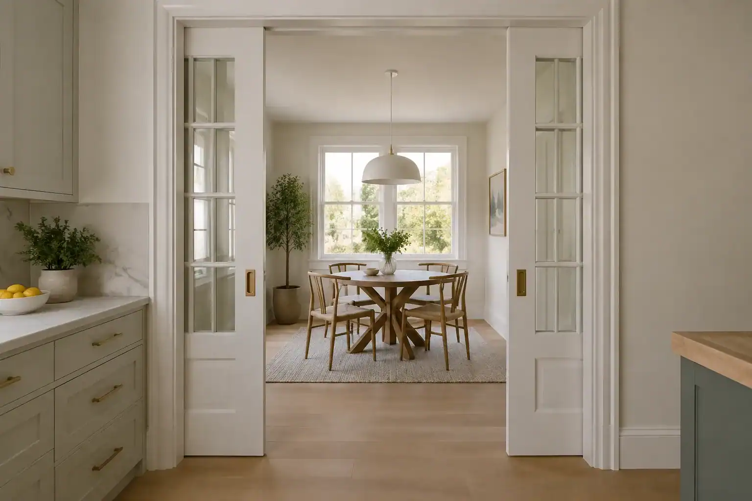 Pair of white glass-paned pocket doors partly slid out of the wall between a kitchen and a small dining area