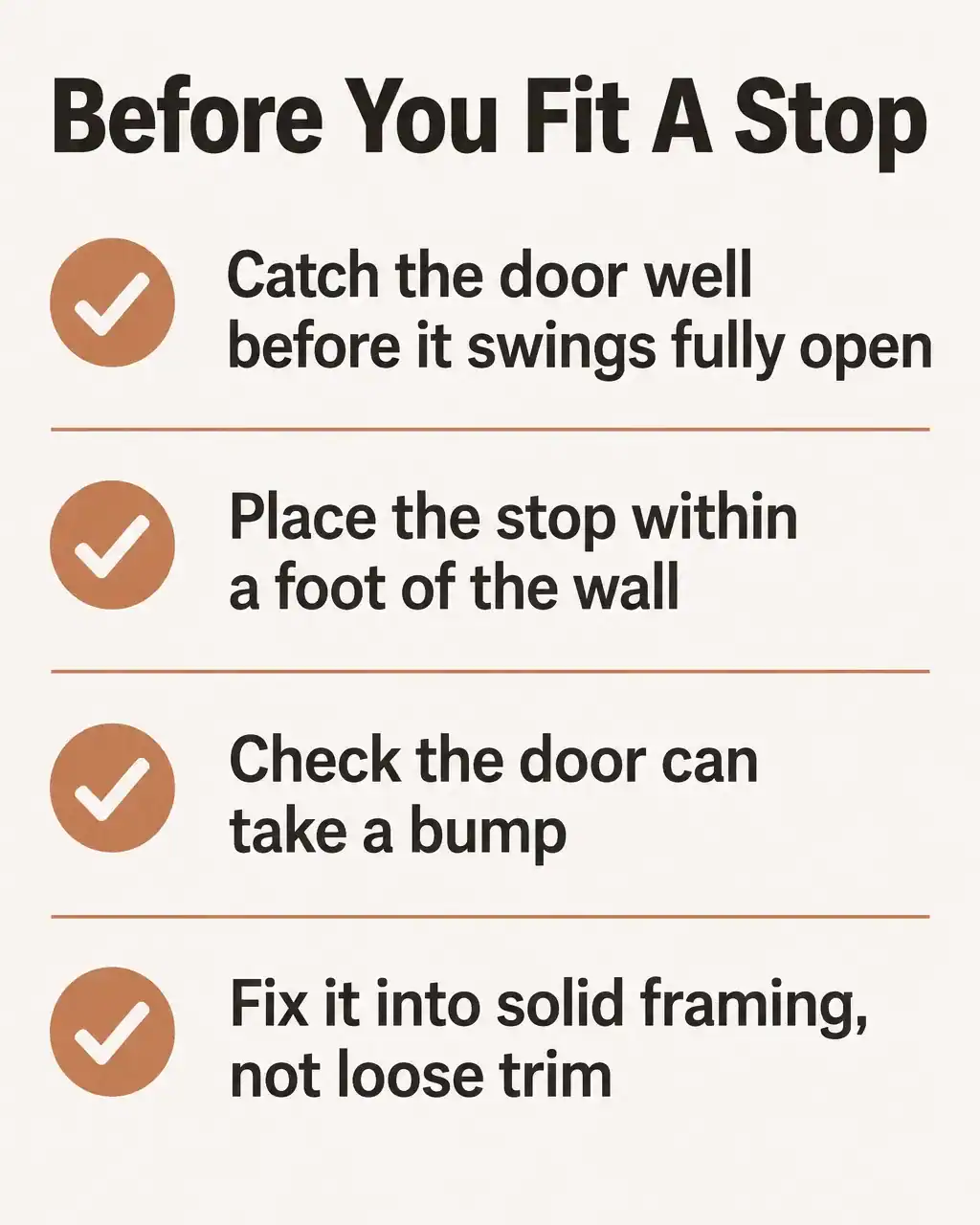 Checklist for fitting a stop on French doors: catch the door well before it swings fully open, place the stop within a foot of the wall, check the door can take a bump, fix it into solid framing not loose trim