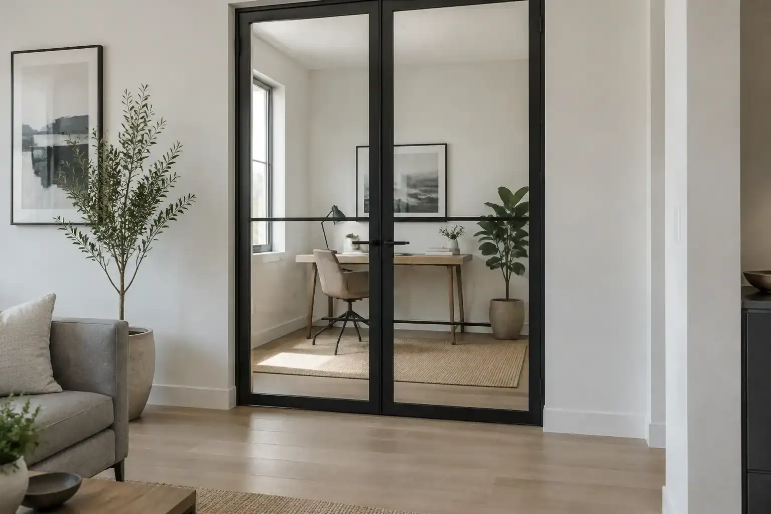 Interior doors with slim black frames and clear glass panels between a small living room and a home office
