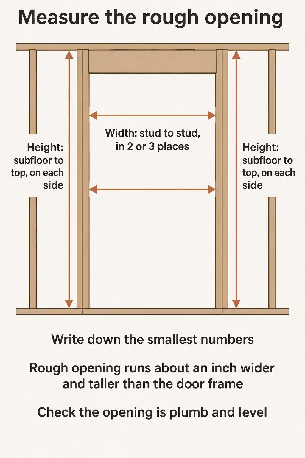 How to measure a rough opening for French doors: measure the width in two or three places, measure the height at both sides, and use the smallest numbers