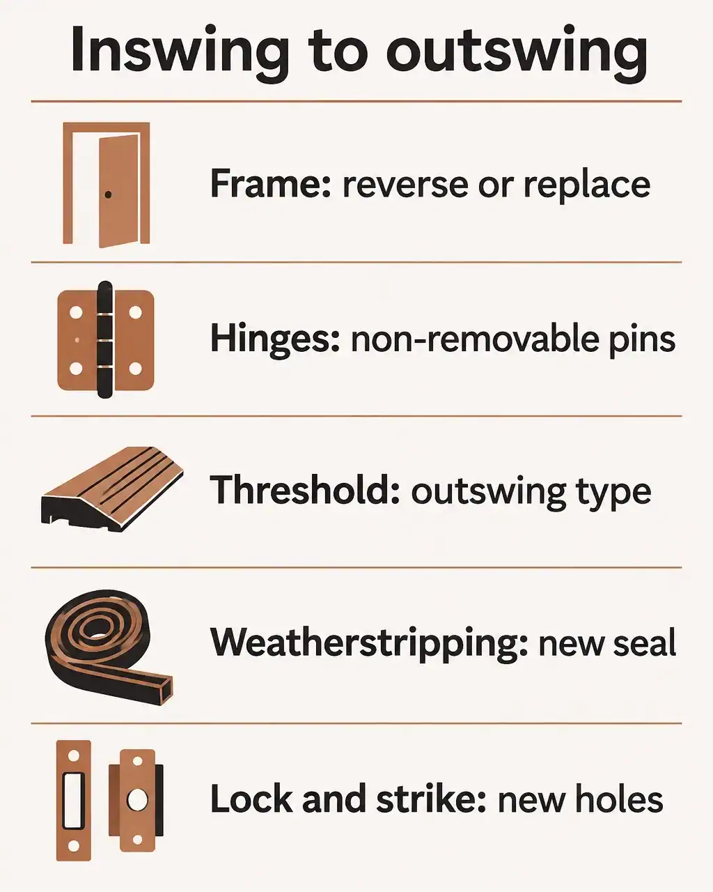 Checklist of what has to change when converting inswing doors to outswing: reverse or replace the frame, fit non-removable pin hinges, fit an outswing threshold, add new weatherstripping and move the strike and lockset holes
