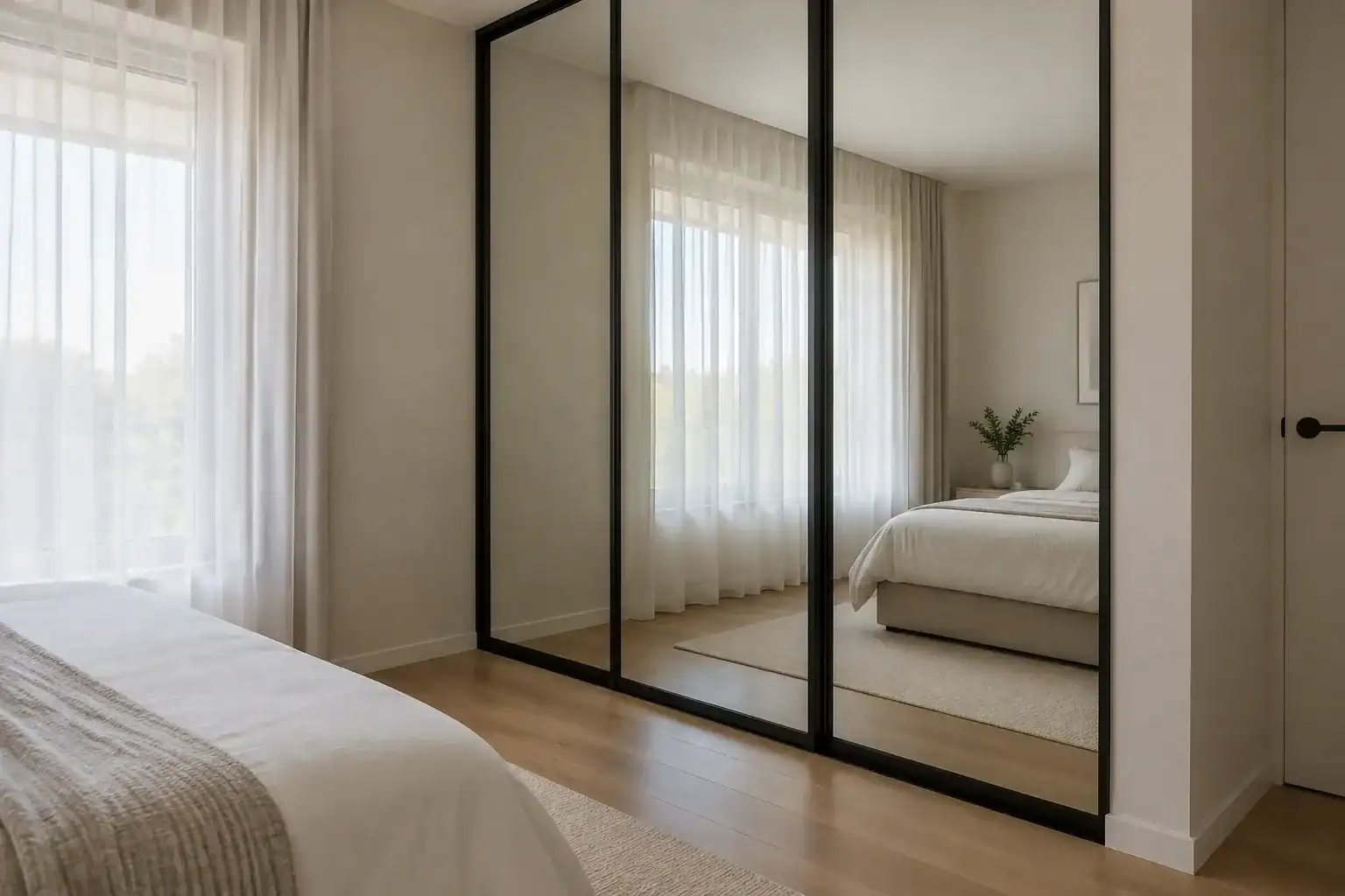 Floor-to-ceiling mirrored sliding closet doors with slim black frames in a narrow bedroom, reflecting a bright window and a bed