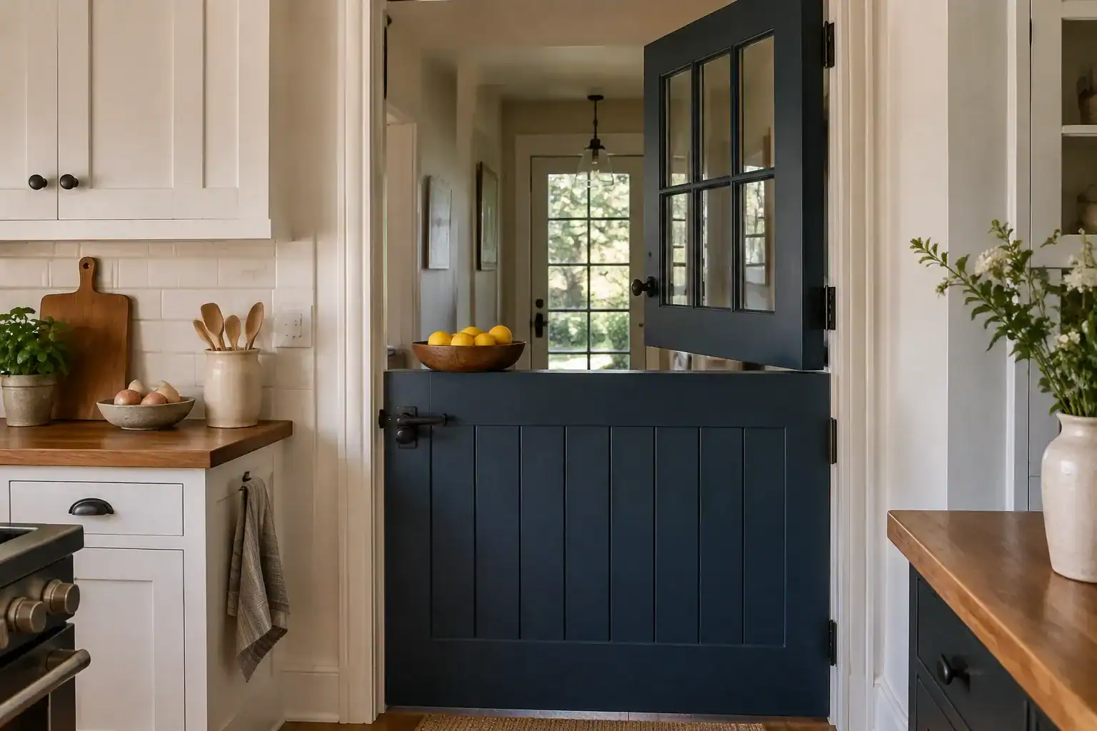 Navy blue interior Dutch door between a kitchen and a back hallway, with the top half open and the bottom half closed