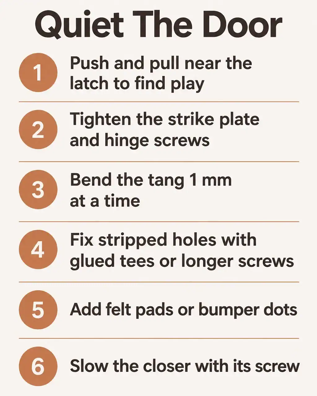 Six steps to quiet a noisy door: check for play at the latch side, tighten the strike plate and hinge screws, bend the tang, fix stripped holes, add felt pads, slow the closer